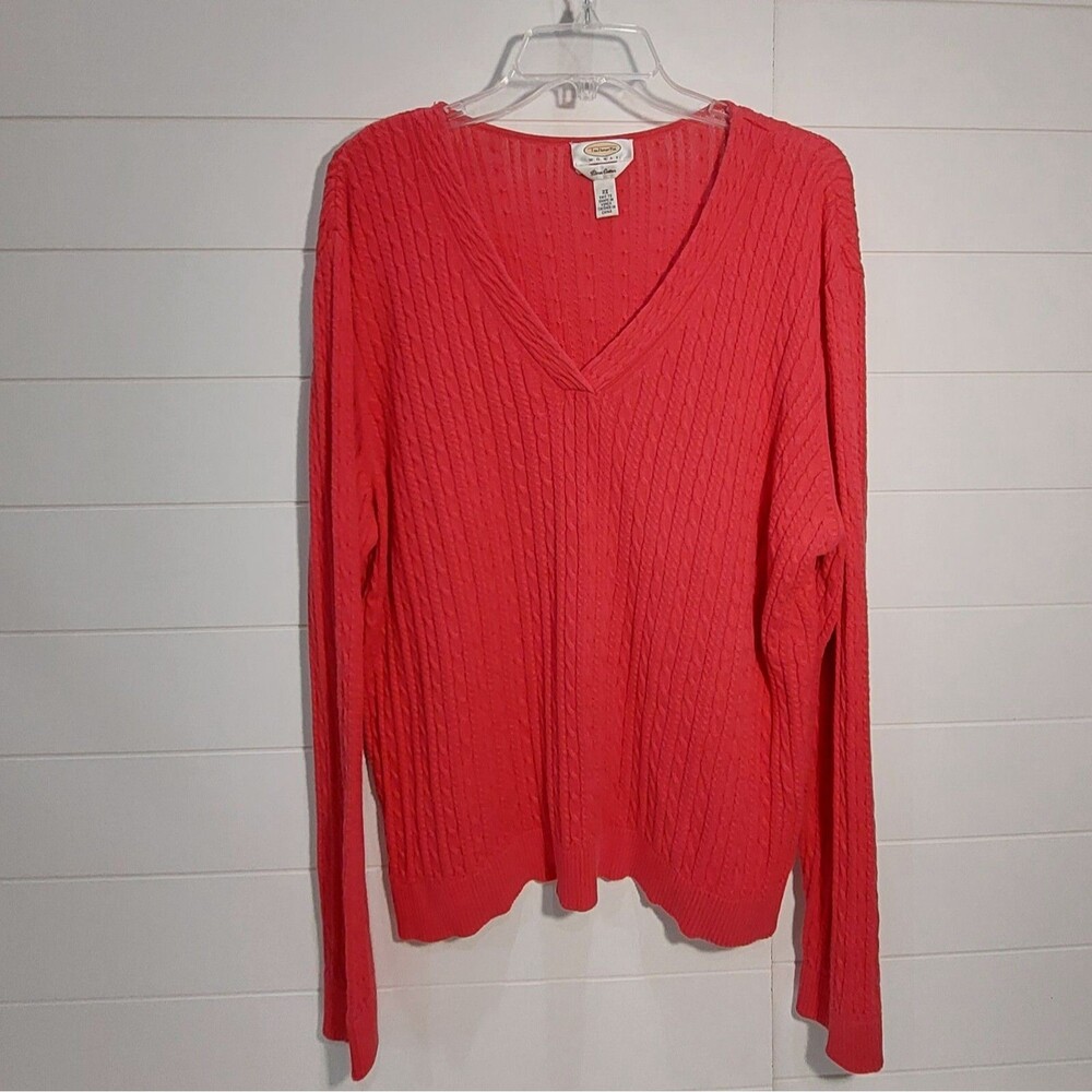 Talbots Women's 2X Pima Cotton Cable Knit V-Neck Sweater Pink Pullover Grandma